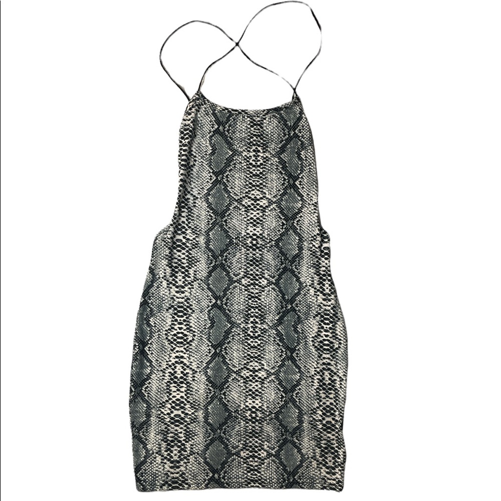 Snakeskin bodycon mini dress with strappy back